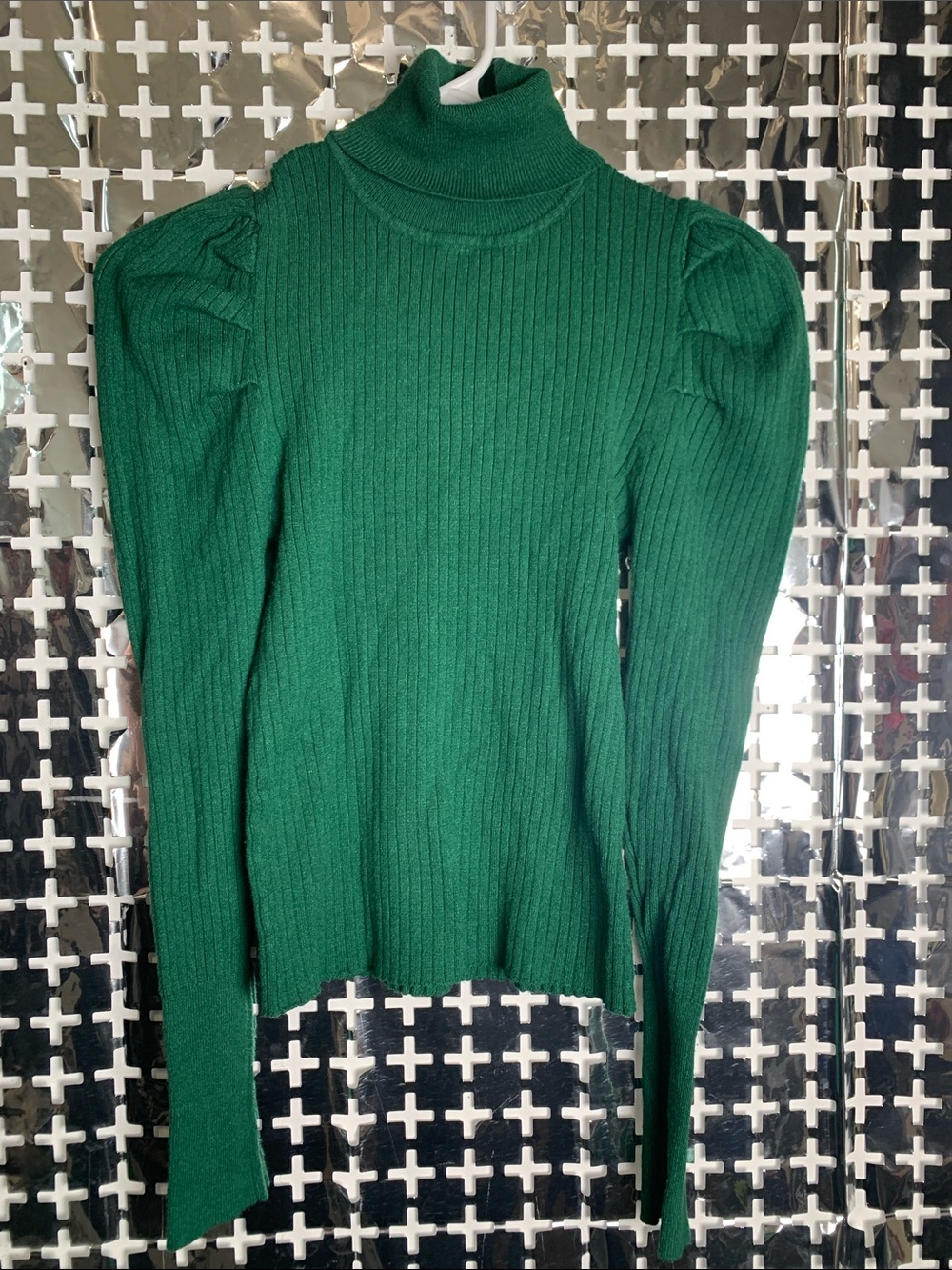 Fashion Nova Emerald Green Ribbed Turtleneck with Puff Shoulders